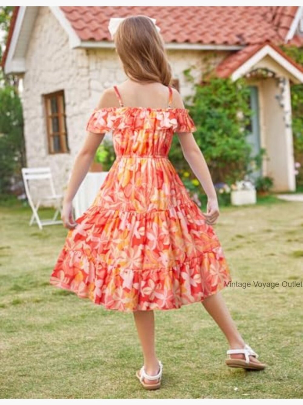 Girls Off Shoulder Floral Tiered Midi Sundress Ruffle Spaghetti Strap - Picture 5 of 7